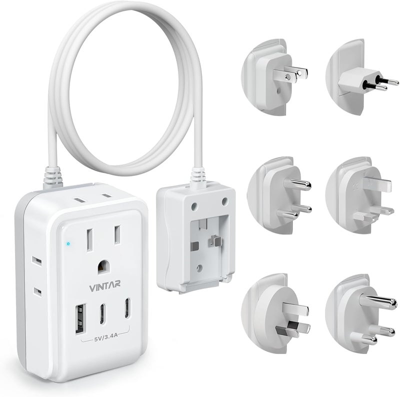 VINTAR طقم محول السفر العالمي، سلك تمديد قابل للفصل بطول 3 أقدام مع 4 مآخذ AC و 3 USB (2 USB C)، محول طاقة دولي من نوع A/C/G/D/I/M للولايات المتحدة إلى أوروبا المملكة المتحدة الهند جنوب أفريقيا اليابان - Image 1